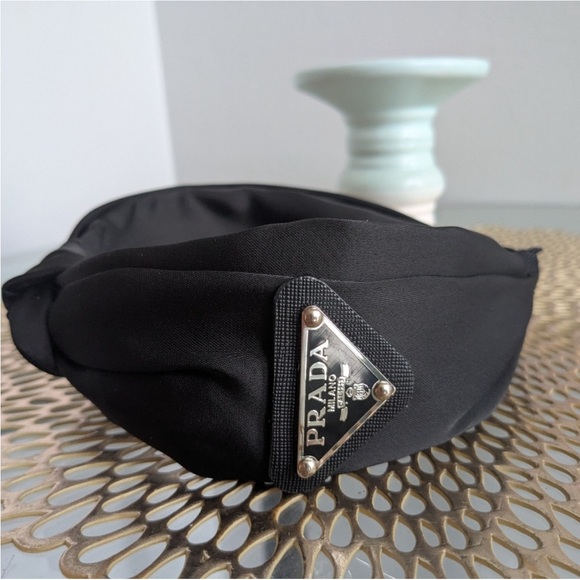 PRADA STYLE Black Satin Knot Headband logo triangle Milano - Picture 7 of 9